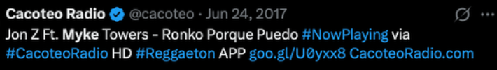 Text crop of @Cacoteo’s post, displayed date June 24, 2017: Jon Z Ft. Myke Towers - Ronko Porque Puedo, NowPlaying via CacoteoRadio.