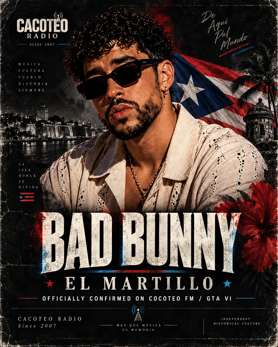 Bad Bunny as El Martillo on Cocoteo FM, editorial Cacoteo Radio feature graphic.