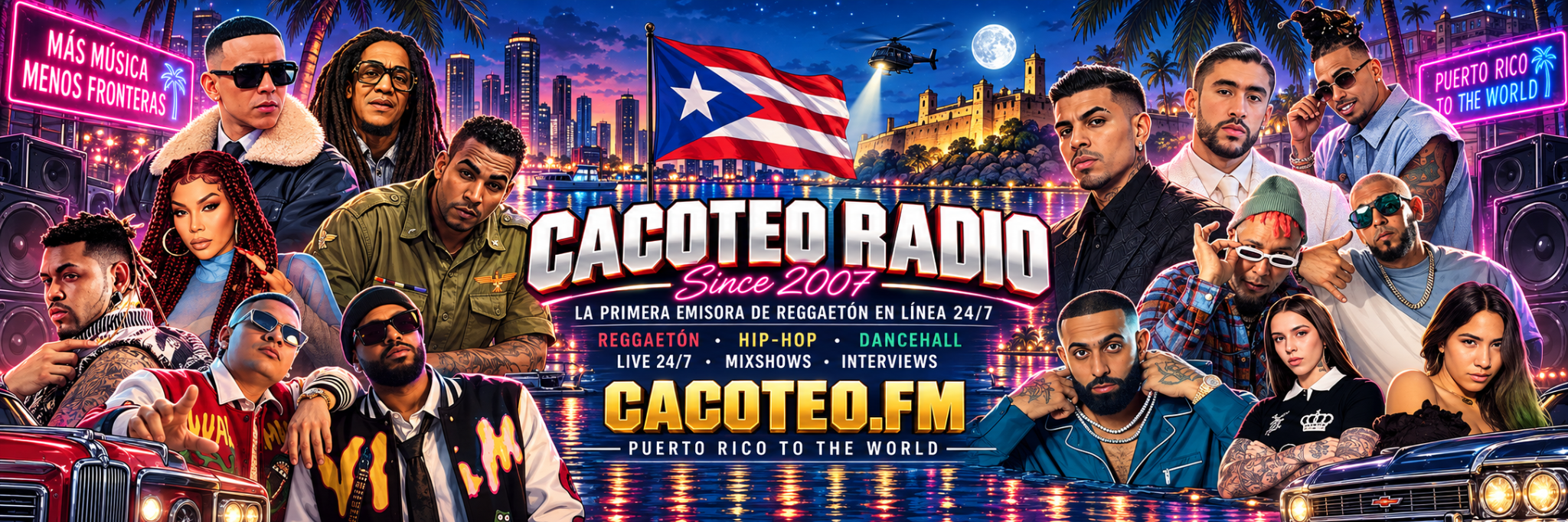 Cacoteo Radio approved artist banner with the Puerto Rican flag and waterfront