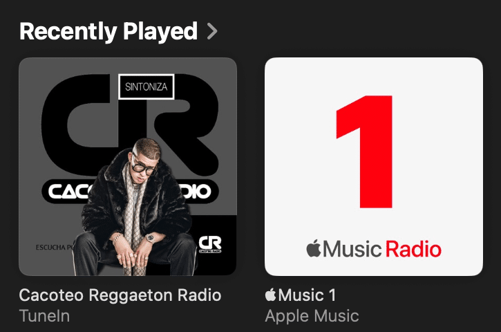 Cacoteo Reggaeton Radio displayed in Apple Music through TuneIn, with Bad Bunny featured in the station artwork, October 8, 2026.
